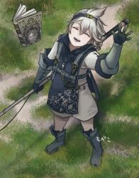  1boy black_boots black_gloves book boots closed_eyes commentary_request floating floating_book floating_object from_above gloves grass grey_hair grey_shorts grimoire_weiss happy holding holding_weapon male_focus mobeko0128 nier nier_(brother) nier_(brother)_(pre_timeskip) nier_(series) on_ground outdoors shadow short_hair shorts smile waving weapon 