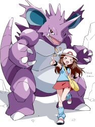  1girl bag bare_shoulders blue_shirt blue_socks blush brown_hair clenched_hand closed_eyes dot_nose full_body hat highres leaf_(pokemon) long_hair nidoking niyane notice_lines open_mouth pointing pokemon pokemon_(creature) pokemon_frlg red_skirt shirt shoes simple_background skirt sleeveless sleeveless_shirt socks standing standing_on_one_leg translation_request v-shaped_eyebrows white_background white_hat white_shoes wristband 