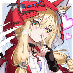  1girl animal_ear_fluff animal_ears arknights arknights:_endfield black_gloves blonde_hair blush cape closed_mouth commentary_request dress ears_through_headwear finger_to_mouth fingerless_gloves gloves hand_up heart highres hood hood_up hooded_cape jewelry looking_at_viewer low-tied_sidelocks necklace red_cape rossi_(arknights) sidelocks smile solo tooth_necklace upper_body white_dress wolf_ears wy_(pixiv_121946076) yellow_eyes 