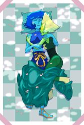  2girls absurdres blanket blonde_hair blue_hair blue_skin checkered_background closed_eyes colored_skin commentary english_commentary full_body gem_(steven_universe) green_skin highres hug lapis_lazuli_(steven_universe) lying multiple_girls official_style on_back on_side open_mouth peridot_(steven_universe) petals pillow pink_petals short_hair sleeping steven_universe timehuntress triangle-shaped_hair yuri 