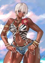  1girl animal_print armlet bangle beach bikini bikini_under_clothes blue_eyes bracelet breasts commentary cowboy_shot dark-skinned_female dark_skin denim denim_shorts earrings elena_(street_fighter) fingernails flower hands_on_own_hips hibiscus highleg highleg_bikini highres jewelry large_breasts linea_alba lips looking_to_the_side medium_breasts micro_shorts muscular muscular_female nail_polish navel necklace o-ring ocean official_alternate_costume orion-m print_bikini ring short_hair short_shorts shorts sky smile solo stomach street_fighter street_fighter_6 swimsuit tall_female thick_thighs thighs tiger_print toned toned_female very_dark_skin white_hair white_nails wide_hips zebra_print 