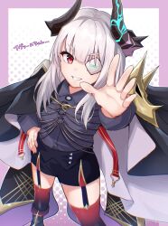  1girl :d black_boots black_cape black_horns black_thighhighs blunt_bangs boots border cape collared_shirt commentary demon_girl demon_horns eyelashes eyepatch eyes_visible_through_hair feet_out_of_frame garter_straps gradient_thighhighs grey_shirt grin hand_on_own_hip heaven_burns_red highres horns long_hair long_sleeves looking_at_viewer multicolored_thighhighs official_alternate_costume one_eye_covered open_hand outline outside_border outstretched_arm purple_border reaching reaching_towards_viewer red_eyes red_thighhighs rrtp shirt simple_background smile smug solo standing thick_eyebrows thigh-highs translated two-tone_thighhighs untranslatable_commentary v-shaped_eyebrows white_background white_hair white_outline yamawaki_bon_ivar zettai_ryouiki 