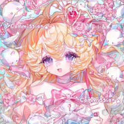  1girl ahoge bare_shoulders bird blonde_hair blush bow bowtie choker collarbone criss-cross_halter crown detached_sleeves dress eyelashes feathers flower frills hair_bow hair_flower hair_ornament halterneck heart highres holding holding_wand long_hair looking_at_viewer mini_crown open_mouth original pink_bow pink_choker pink_flower pink_ribbon pink_rose pink_sleeves puffy_short_sleeves puffy_sleeves ribbon rose sample_watermark short_sleeves smile solo sparkle upper_body violet_eyes wand watermark white_bow white_choker white_sleeves xiaochunli 