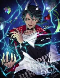  1boy :d aragami_oga aragami_oga_(5th_costume) balloon black_choker black_hair black_jacket black_pants blue_background box character_name choker cm10th commentary_request creature dark-skinned_male dark_skin dated energy evil_smile fingernails gift gift_box glowing glowing_eyes green_eyes green_ribbon hair_between_eyes hand_up happy_birthday heart_balloon holding holding_gift holostars jacket jewelry looking_at_viewer male_focus medium_hair multiple_rings official_alternate_costume omaesan_(aragami_oga) open_clothes open_hand open_jacket padded_jacket pants pendant ribbon ring see-through_balloon sharp_teeth shirt signature smile solo straight-on teeth two-sided_fabric two-sided_jacket upper_body v-shaped_eyebrows virtual_youtuber white_shirt zipper 