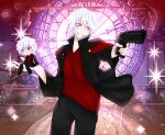  1boy black_jacket gacha gun handgun highres jacket looking_to_the_side non-web_source original pale_skin red_eyes red_shirt shirt smile tagme takahashi_shinichi weapon white_hair x7z3 