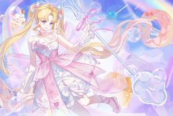  1girl absurdly_long_hair ankle_ribbon anyan44993 arm_warmers back_bow bead_necklace beads blonde_hair blue_sky bow bubble bubble_skirt clouds commentary day double_bun dreamtime_bestowed_(infinity_nikki) dress dress_bow dress_under_skirt floating food foot_out_of_frame frilled_arm_warmers frills hair_bow hair_bun hair_ornament happy heart heart_hair_ornament heart_print highres holding holding_spoon ice_cream infinity_nikki jewelry large_bow leg_ribbon light_particles long_hair looking_at_viewer medium_dress miniskirt neck_ribbon necklace nikki_(series) open_mouth outdoors oversized_object parted_bangs pink_bow pink_ribbon pink_shoes pink_skirt platform_shoes print_skirt pudding ribbon ribbon_earrings see-through_bow shoes skirt sky sleeveless sleeveless_dress smile solo spaghetti_strap spoon striped_bow sundae twintails untranslatable_commentary very_long_hair violet_eyes white_arm_warmers white_bow white_dress 