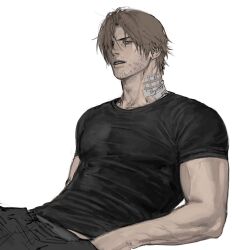  1boy beard_stubble black_pants black_shirt blonde_hair blue_eyes commentary covered_pectorals english_commentary eyes_visible_through_hair facial_hair gauze_on_neck hair_over_one_eye highres invisible_chair junkboh leon_s._kennedy looking_ahead male_focus mature_male midriff muscular muscular_male pants parted_lips pectorals resident_evil resident_evil_requiem shirt short_hair side_part simple_background sitting solo stubble t-shirt teeth tight_clothes tight_shirt veins veiny_arms white_background 