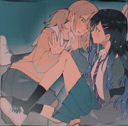  2girls absurdres azusawa_kohane black_hair blazer blonde_hair blue_hair blue_skirt blush chinese_commentary closed_mouth collared_shirt commentary_request earrings eye_contact gradient_hair grey_jacket grey_skirt hair_ornament hand_on_another's_shoulder highres jacket jewelry kamiyama_high_school_uniform_(project_sekai) long_hair looking_at_another miyamasuzaka_girls'_academy_school_uniform multicolored_hair multiple_girls necktie open_mouth orange_eyes pleated_skirt project_sekai rexxxxder sailor_collar school_uniform shiraishi_an shirt skirt star_(symbol) star_hair_ornament striped_clothes striped_necktie stuck_in_a_box white_sailor_collar white_shirt yellow_eyes yuri 