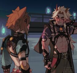  2boys abs absurdres animal_ears arataki_itto arms_behind_head body_markings bodypaint brown_hair cawchan choker closed_eyes commentary dog_boy dog_ears dog_tail english_commentary facing_another genshin_impact gorou_(genshin_impact) highres horns looking_at_another male_focus multiple_boys navel red_hair red_horns spiked_choker spikes standing tail thick_eyebrows twitter_username vision_(genshin_impact) white_hair 