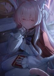  2girls absurdres akira_(blue_archive) animal_ear_fluff animal_ears blonde_hair blue_archive blue_bow blue_bowtie blush bow bowtie capelet cat_ears cat_girl cat_tail colored_eyelashes commentary_request finger_to_mouth fur-trimmed_capelet fur_trim gift gloves grin hair_between_eyes halo hand_up highres holding holding_gift index_finger_raised indoors long_hair long_sleeves looking_at_viewer momoi_(blue_archive) multiple_girls oiru_(613) open_mouth pants pink_halo red_capelet red_eyes shirt shushing sleeping smile tail white_eyelashes white_gloves white_hair white_pants white_shirt 