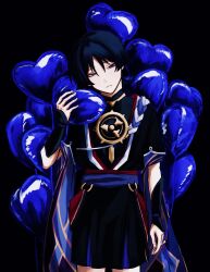  1boy 316_yogurt absurdres arm_at_side armor balloon black_bodysuit black_border black_hair black_kimono black_shorts black_sleeves blue_eyes blunt_ends bodysuit border choppy_bangs commentary_request cowboy_shot eyeliner fingernails furisode genshin_impact gold_trim hand_up head_tilt heart_balloon highres holding japanese_armor japanese_clothes juban kimono kote kurokote layered_sleeves looking_at_viewer makeup male_focus mandarin_collar mitsudomoe_(shape) o-ring open_clothes open_hands open_kimono parted_lips purple_rope purple_sash purple_sleeves red_eyeliner red_kimono red_sash rope sash scaramouche_(genshin_impact) shimenawa short_sleeves shorts solo tomoe_(symbol) tsurime white_kimono white_mouth white_rope 