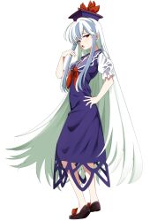  1girl absurdres baba_(baba_seimaijo) blue_dress blue_hair blue_hat brown_shoes closed_mouth commentary_request dress full_body hand_on_own_hip hat highres kamishirasawa_keine long_hair looking_at_viewer multicolored_hair open_mouth puffy_short_sleeves puffy_sleeves red_eyes shoes short_sleeves simple_background skirt solo touhou two-tone_hair very_long_hair white_background white_hair 