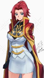  1girl absurdres ass_visible_through_thighs black_gloves blue_eyes breasts cape clenched_hand closed_mouth code_geass code_geass:_lost_stories commentary_request cowboy_shot dated elbow_gloves frown gloves highres jacket kouzuki_kallen large_breasts looking_at_viewer pants pencil_skirt ponytail red_cape red_hair revision short_ponytail signature skirt solo standing tight_clothes tight_pants white_background white_jacket white_skirt yoo_tenchi 