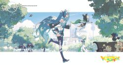  1girl aqua_hair architecture bare_shoulders blue_necktie blue_sky boots clouds commentary_request copyright_logo detached_sleeves earphones from_side gardevoir hatsune_miku highres indeedee indeedee_(female) indeedee_(male) logo long_hair meloetta meowth murkrow necktie official_art outdoors pleated_skirt pokemon profile project_voltage ralts rella sidelocks skirt sky thigh_boots tree twintails vocaloid 
