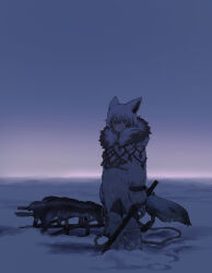  1girl animal_ears coat dark full_body fur_coat fur_collar gloves grey_eyes holding lapithai looking_at_viewer original outdoors pants short_hair sled snow solo standing tail white_coat white_gloves white_hair white_pants wolf_ears wolf_girl wolf_tail 