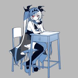  1girl absurdres arm_rest asymmetrical_footwear asymmetrical_legwear black_corset black_ribbon black_skirt black_thighhighs black_wrist_cuffs bow bowtie breasts cabinet chair chunzhenzhiren_innocent classroom closed_mouth commentary_request corset desk elbow_rest frilled_shirt frills grey_background hair_between_eyes hair_intakes hair_ribbon hand_on_own_face hand_up headband highres lilith_(the_noexistencen_of_you_and_me) long_hair looking_at_viewer medium_breasts mismatched_footwear mismatched_legwear mismatched_wrist_cuffs no_shoes official_artist_extra on_chair red_eyes ribbon school_chair school_desk shirt shirt_tucked_in shoes simple_background sitting skirt smile solo the_noexistencen_of_you_and_me thigh-highs thighs twintails two-tone_headband very_long_hair white_bow white_bowtie white_hair white_shirt white_shoes white_thighhighs white_wrist_cuffs window wrist_cuffs 