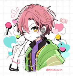  1boy bespectacled bright_pupils candy chain chain_bracelet commentary_request cropped_torso curtained_hair ensemble_stars! food glasses grid_background hand_up heart high_collar index_finger_raised jacket kuon_mashu lollipop looking_at_viewer male_focus mani_(pukakaka09) notice_lines official_alternate_costume one_eye_closed open_clothes open_jacket short_hair solo tongue tongue_out white_pupils yellow_eyes 