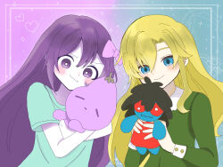  2girls :t aubrey_(headspace)_(omori) aubrey_(omori) blonde_hair blue_eyes blue_shirt blush bow bright_pupils character_request closed_mouth colored_skin commentary_request double-parted_bangs hair_between_eyes hair_bow highres holding holding_stuffed_toy ib_(kouri) long_hair long_sleeves looking_at_viewer mary_(ib) mr._plantegg_(omori) multiple_girls omori pink_bow purple_hair shirt short_sleeves sidelocks smile stuffed_eggplant stuffed_toy t-shirt violet_eyes white_pupils white_skin yuuabara 