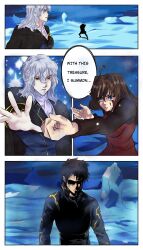  1girl 2boys absurdres ahoge angry aozaki_aoko ascot bandaged_neck bandages battle blood blood_on_face blue_coat blue_eyes breasts brown_hair brown_pants building clenched_hand clenched_hands closed_mouth coat commentary dress english_commentary english_text expressionless fighting fighting_stance formal_clothes fur_coat hair_intakes high_collar highres ice jacket jujutsu_kaisen kiritocolares long_hair long_sleeves mahou_tsukai_no_yoru medium_hair meme multiple_boys open_hands outstretched_arms overcoat pale_skin pants parody partially_unzipped popped_collar reaching reaching_towards_another red_eyes scowl shaded_face shirt shizuki_soujuurou snow summoning tsukihime tsukihime_(remake) vampire vlov_arkhangel white_hair 