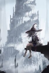  1girl absurdres bag blue_eyes book boots brown_boots building cloak craszh elaina_(majo_no_tabitabi) emblem floating_hair grey_hair hat highres holding holding_pen long_hair majo_no_tabitabi muted_color outdoors overcast pen pointy_boots quill scenery shoulder_bag sitting skirt sky solo tower wide_shot wind witch witch_hat writing 