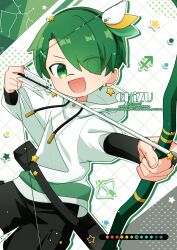  1boy ;d arrow_(projectile) artist_name black_shorts bow_(weapon) chizu_(421ooouy) commentary_request constellation cowboy_shot dot_nose drawstring eyes_visible_through_hair green_eyes green_hair grid_background hair_over_one_eye highres holding holding_bow_(weapon) holding_weapon hood hood_down hoodie long_sleeves looking_at_viewer male_focus one_eye_closed open_mouth original personification sagittarius_(constellation) short_hair shorts smile solo star_(symbol) twitter_username watermark weapon white_background white_hoodie 