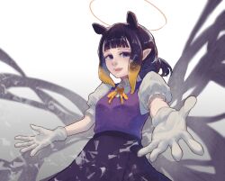  1girl :d alternate_costume blue_eyes commentary curxvoid frilled_sleeves frills gloves halo high-waist_skirt highres hololive hololive_english long_skirt looking_at_viewer ninomae_ina'nis open_hands open_mouth orange_ribbon pointy_ears puffy_short_sleeves puffy_sleeves purple_hair purple_vest ribbon shirt short_hair short_sleeves sideways_glance skirt skirt_set smile solo teeth upper_body upper_teeth_only vest virtual_youtuber white_gloves white_shirt 