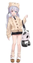  1girl absurdres black_necktie black_skirt blue_eyes bright_pupils brown_cardigan brown_dust_(series) brown_dust_2 brown_eyes brown_hat brown_shoes buttons cardigan collared_shirt commentary full_body grey_hair grey_socks hand_up hat heterochromia highres legs light_blush long_hair long_sleeves looking_at_viewer necktie open_mouth panda_bag refithea_(brown_dust) shirt shoes sidelocks simple_background siopon12 skirt socks solo star-shaped_pupils star_(symbol) symbol-shaped_pupils twintails untranslatable_commentary white_background white_pupils white_shirt 