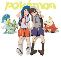  1boy 1girl ^_^ backpack bag betti_(xx_betti) black_shoes black_socks blue_eyes blue_necktie blue_shorts blush braid brown_eyes brown_hair brown_shoes closed_eyes collared_shirt copyright_name florian_(pokemon) fuecoco grey_shirt hat highres juliana_(pokemon) kneehighs naranja_academy_school_uniform necktie open_mouth orange_necktie orange_shorts pokemon pokemon_(creature) pokemon_sv quaxly red_eyes school_uniform shirt shoes short_sleeves shorts simple_background sitting smile socks sprigatito uva_academy_school_uniform v white_background white_shirt white_socks 