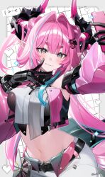  +_+ 1girl absurdres arknights arknights:_endfield bare_shoulders cellphone commentary_request crop_top detached_sleeves dragon_girl dragon_horns dragon_tail flip_phone gaba_(gaba_0987) gloves hair_intakes highres holding holding_phone horns long_hair long_sidelocks multicolored_gloves navel phone pink_hair pointy_ears selfie sidelocks tail two-tone_gloves yvonne_(arknights) 