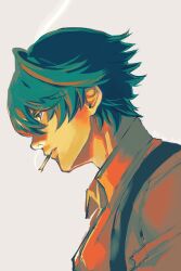  03_kyv 1boy cigarette commentary from_side green_eyes green_hair grey_background hair_between_eyes highres lighter_(zenless_zone_zero) male_focus red_pupils shirt short_hair simple_background smoke smoking solo untranslatable_commentary upper_body zenless_zone_zero 