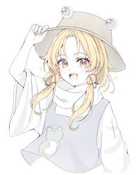  1girl animal_print blonde_hair blush brown_hat commentary_request frog_print hair_ribbon hand_on_headwear hat highres long_hair looking_at_viewer moriya_suwako open_mouth purin_seijyaku2 purple_vest red_ribbon ribbon simple_background smile solo teeth touhou tress_ribbon upper_body upper_teeth_only vest white_background wide_sleeves yellow_eyes 