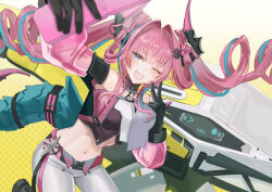  1girl arknights arknights:_endfield bare_shoulders cellphone commentary_request crop_top detached_sleeves dragon_girl dragon_horns dragon_tail drill_hair flip_phone gloves gradient_background hair_intakes horns long_hair long_sidelocks multicolored_gloves multicolored_hair one_eye_closed open_mouth phone pink_hair pointy_ears selfie sidelocks solo streaked_hair tail twin_drills two-tone_gloves unisuki yvonne_(arknights) 