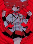  1girl bow buttoned_cuffs buttons cowboy_shot double-breasted drill_hair grey_jacket grey_skirt hands_up highres jacket kasane_teto kasane_teto_(sv) layered_skirt looking_to_the_side midriff_peek musical_staff_print red_background red_trim redhead short_hair shoulder_belt shoulder_boards shoulder_strap simple_background skirt sleeve_cuffs smile solo striped synthesizer_v takamiya_yuu thread twin_drills uniform utau white_bow 
