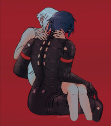  2girls android ariane_yeong artist_name blue_hair cropped_legs elster_(signalis) facing_away from_behind hand_on_another's_neck hand_on_another's_shoulder hashtag-only_commentary kiss maarika multiple_girls red_background short_hair signalis signature simple_background sitting sitting_on_lap sitting_on_person white_hair yuri 
