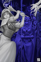  2girls alternate_form armor black_bodice black_capelet black_hood body_horror capelet clothing_cutout commentary_request covered_eyes crystal elden_ring elden_ring_nightreign flanged_mace flying_ribbons great_rune_(elden_ring) halter_shirt halterneck helmet helmet_over_eyes highres hip_armor holding holding_mace holding_polearm holding_weapon incoming_attack jewelry junwen_lululu limited_palette mace multiple_girls navel_cutout necklace nun open_mouth ornate_armor plunging_neckline polearm rope_braid runes sarong screaming signature undertaker_(elden_ring) weapon weapon_bequeathed_harmonia_(elden_ring) white_coif white_sarong 
