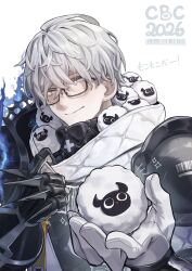  1boy absurdres blue_fire blush commentary_request fate/grand_order fate_(series) fire gauntlets glasses gloves grey_hair high_collar highres jacques_de_molay_(saber)_(fate) male_focus miagawari011128 sheep single_gauntlet smile spiked_gauntlets white_gloves 