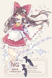  1girl absurdres apron ascot bow brown_eyes brown_hair commentary_request detached_sleeves flower frilled_bow frilled_hair_tubes frilled_skirt frills full_body gohei hair_bow hair_flower hair_ornament hair_tubes hakurei_reimu highres holding holding_gohei kneehighs long_hair mary_janes nikorashi-ka red_bow red_skirt ribbon-trimmed_sleeves ribbon_trim shoes skirt skirt_set socks solo touhou waist_apron watermark white_apron white_socks yellow_ascot 
