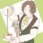  2boys alear_(fire_emblem) alear_(male)_(fire_emblem) black_hair closed_eyes closed_mouth cup fire_emblem fire_emblem_engage green_vest highres holding holding_cup holding_teapot kasaya_fe long_sleeves louis_(fire_emblem) male_focus multiple_boys short_hair simple_background tea teacup teapot vest 