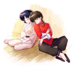  2girls absurdres barefoot black_hair black_pants black_shoes braid brown_hair chinese_clothes closed_eyes commentary_request dougi full_body fuurinkan_high_school_uniform highres miyano68mamo multiple_girls pale_skin pants ranma-chan ranma_1/2 school_uniform shoes short_hair single_braid sleeping tendou_akane 