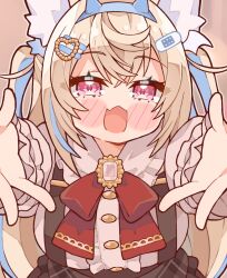  1girl alternate_costume animal_ear_fluff animal_ears bandaid bandaid_hair_ornament black_skirt blonde_hair blue_streaks dog_ears dog_girl fang fuwawa_abyssgard hair_ornament heart heart_hair_ornament highres hololive hololive_english kukie-nyan long_hair looking_at_viewer multicolored_hair outstretched_arms pink_eyes shirt skin_fang skirt smile solo streaked_hair two_side_up very_long_hair virtual_youtuber white_shirt 