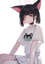  1girl absurdres animal_ears blue_archive cat_ears cat_girl closed_mouth highres kazusa_(band)_(blue_archive) kazusa_(blue_archive) looking_at_viewer pink_hair red_eyes reiami shirt simple_background skirt solo white_background white_shirt white_skirt 