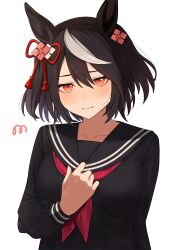  07nono06 1girl absurdres animal_ears black_hair black_sailor_collar black_serafuku black_shirt blush closed_mouth commentary_request hair_between_eyes highres horse_ears horse_girl kitasan_black_(umamusume) looking_at_viewer multicolored_hair red_eyes sailor_collar sailor_shirt school_uniform serafuku shirt simple_background solo streaked_hair two_side_up umamusume upper_body white_background white_streaks 