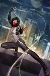  1girl absurdres black_bodysuit black_hair bodysuit cindy_moon cityscape clouds full_moon green_eyes grey_bodysuit highres jh-stone looking_at_viewer marvel moon night outdoors red_mask short_hair silk silk_(marvel) solo spider-man_(series) spider_web 
