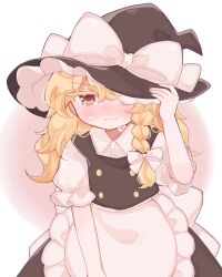  1girl apron back_bow black_hat black_skirt black_vest blonde_hair blush bow braid closed_mouth commentary_request crying crying_with_eyes_open hair_bow hat hat_bow highres kirisame_marisa long_hair marisa_day nagomi_(nagomi_12) puffy_short_sleeves puffy_sleeves short_sleeves side_braid single_braid skirt solo tears touhou vest waist_apron white_apron white_bow witch_hat yellow_eyes 
