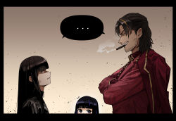  ... 1boy 2girls absurdres anger_vein angry araya_(project_moon) beard_stubble black_border black_hair blonde_hair blue_hair border cigarette commentary crossed_arms daresuki_05 eye_contact facial_hair flying_sweatdrops highres jacket jacket_on_shoulders lei_heng_(project_moon) limbus_company long_hair looking_at_another mother_and_daughter multicolored_hair multiple_girls project_moon red_eyes red_jacket red_suit ryoshu_(project_moon) shared_speech_bubble smile smoke smoking speech_bubble spoken_ellipsis streaked_hair stubble suit two-tone_hair v-shaped_eyebrows 