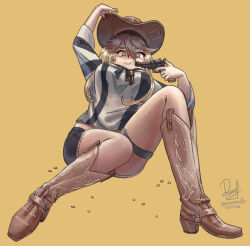  beans black_shoes blonde_hair blue_eyes boots breasts brown_background brown_hat colt_single_action_army commentary cowboy_boots cowboy_hat denim denim_shorts english_commentary gun hat highres holding_toy_gun iowa_(kancolle) iowa_(setsubun)_(kancolle) kantai_collection large_breasts long_hair official_alternate_costume revolver ron_(pixiv83091338) shirt shoes shorts signature sitting star-shaped_pupils star_(symbol) striped_clothes striped_shirt symbol-shaped_pupils toy_gun twitter_username weapon 