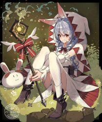  1girl blue_hair boots braid cloak commentary_request detached_sleeves full_body haruhina_purple high_heel_boots high_heels highres holding holding_staff hololive hood hooded_cloak knees_up long_hair long_sleeves looking_at_viewer outdoors rabbit_girl rabbit_tail sitting staff tail thick_eyebrows thigh-highs twin_braids usada_pekora virtual_youtuber white_thighhighs 