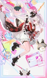  1girl absurdres black_boots black_gloves black_hat boots braid chinese_commentary clothing_cutout commentary_request diamond_(shape) diamond_facial_mark facial_mark full_body gloves hands_up hat heart heart_facial_mark highres honkai:_star_rail honkai_(series) issign long_hair long_sleeves looking_at_viewer mark_under_both_eyes mini_hat mini_top_hat one_eye_closed open_mouth shoulder_cutout single_glove single_sock skirt smile socks solo sparkle sparkle_(honkai:_star_rail) sparxie_(honkai:_star_rail) thigh_strap top_hat twintails very_long_hair white_hair white_skirt white_socks 