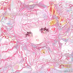  1girl animal_ear_fluff animal_ears bell blush blush_stickers bow bowtie cake cake_slice cat_ears choker collar collarbone dress eyelashes fang food frilled_dress frilled_hairband frilled_sleeves frills fruit hair_bow hair_ornament hairband heart highres holding holding_plate jingle_bell lace_trim long_hair long_sleeves looking_at_viewer neck_bell open_mouth original pink_bow pink_bowtie pink_eyes pink_hair pink_theme plate ribbon sample_watermark sleeves_past_fingers sleeves_past_wrists smile solo star_(symbol) strawberry strawberry_shortcake upper_body watermark white_bow xiaochunli 