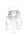  1girl beret character_name closed_eyes hat hatsugashitai12 highres jacket medium_hair monochrome open_clothes open_jacket open_mouth original simple_background sketch solo sweater upper_body 